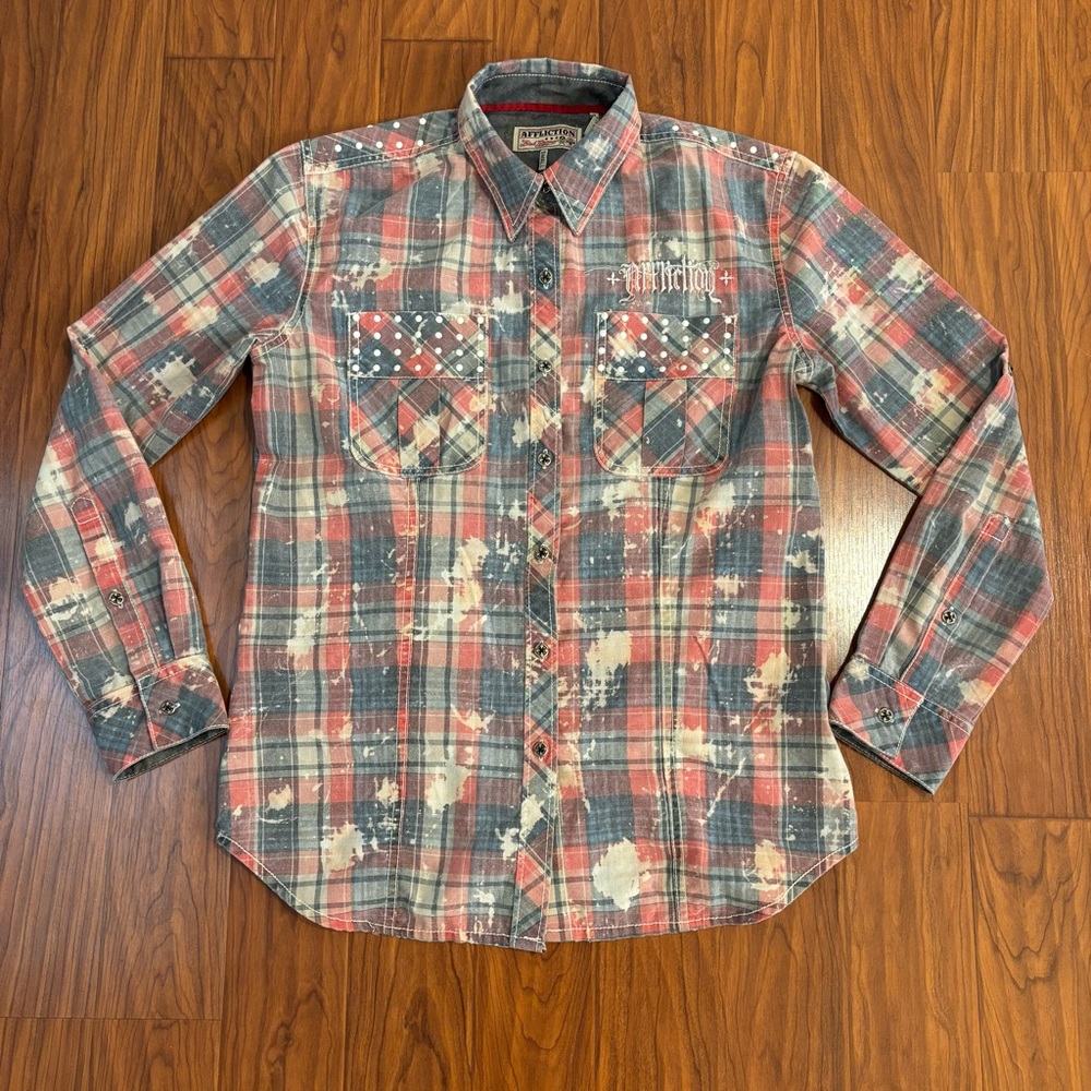Affliction Womens Small Red Plaid Casual Button Down Shirt Silver Buttons